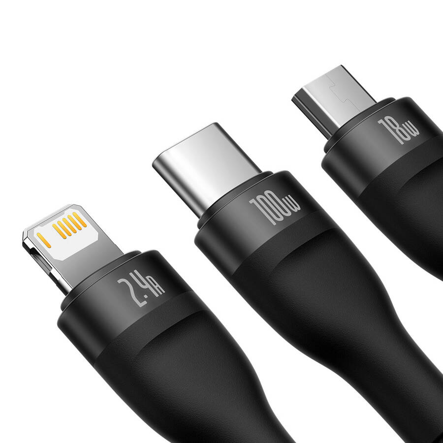 BASEUS FLASH SERIES Ⅱ ONE-FOR-THREE FAST CHARGING DATA CABLE USB TO M+L+C 100W 1.2M BLACK