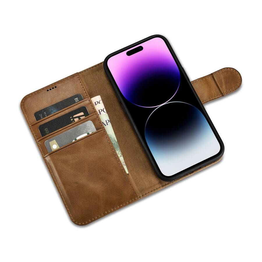 ICARER OIL WAX WALLET CASE 2IN1 COVER IPHONE 14 PRO ANTI-RFID LEATHER FLIP CASE BROWN (WMI14220722-TN)