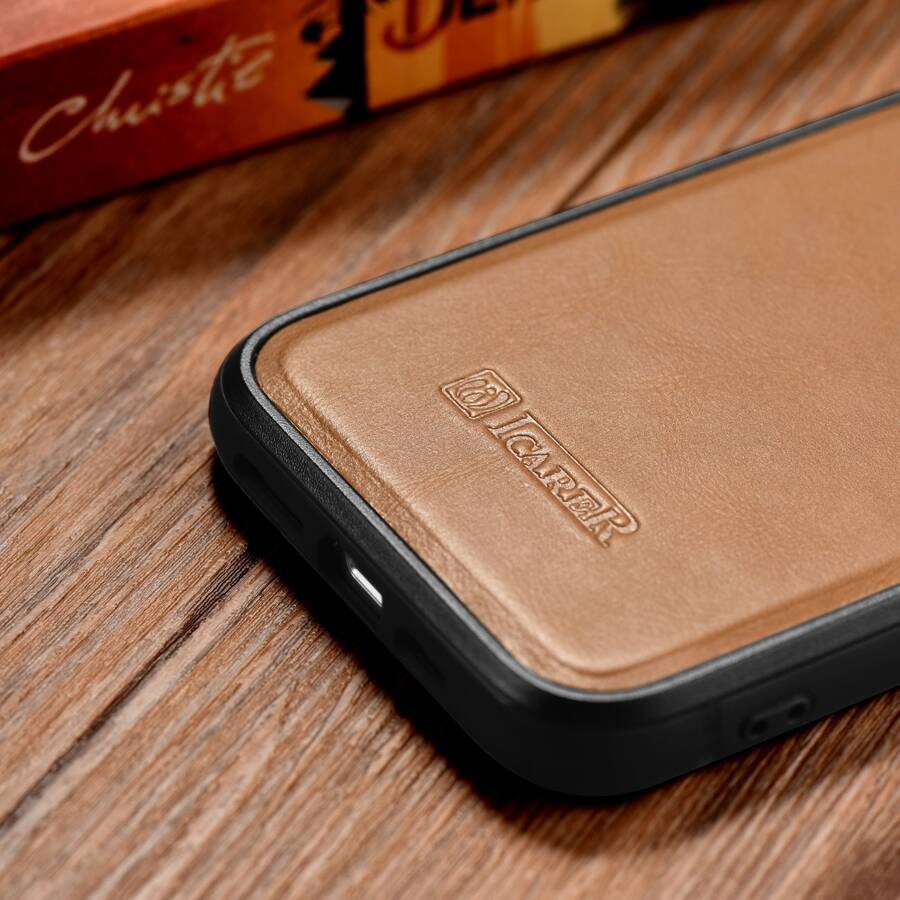 iCarer Leather Oil Wax etui pokryte naturalną skórą do iPhone 14 Pro Max (kompatybilne z MagSafe) brązowy (WMI14220720-TN)